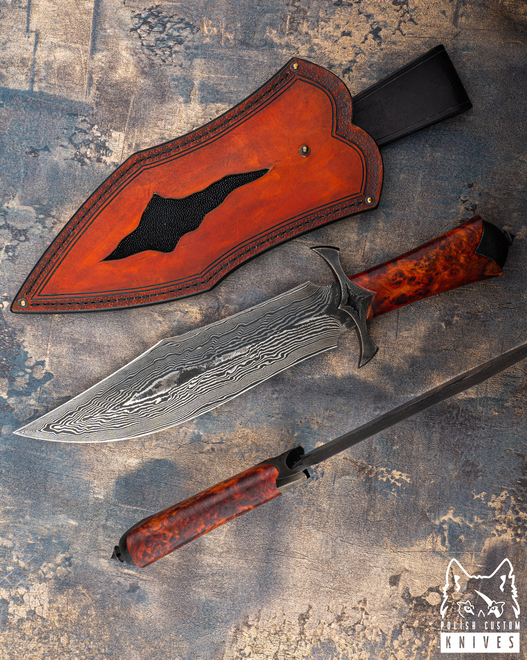 LARGE EXCLUSIVE COLLECTOR’S KNIFE RAKANOTH K720/15N20 DAMASCUS STABILIZED WOOD WROAN KNIVES
