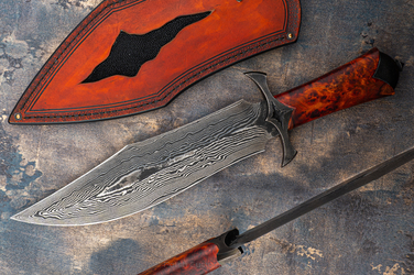 LARGE EXCLUSIVE COLLECTOR’S KNIFE RAKANOTH K720/15N20 DAMASCUS STABILIZED WOOD WROAN KNIVES