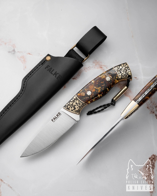 HUNTING KNIFE HUNTER INDIVIDUAL H322 N690 GOLD AND AMBER IN RESIN FALKE KNIVES