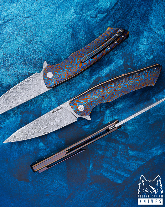 FOLDING KNIFE FOLDER SLIM #0691 DAMASTEEL BLACK TIMASCUS FULL DRESS HERMAN KNIVES