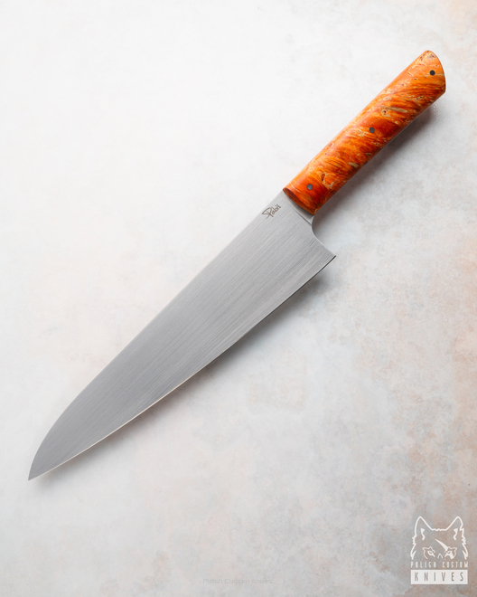 KITCHEN KNIFE CHEF 210 40 RED AND ORANGE MAPLE M390 PABIŚ KNIVES