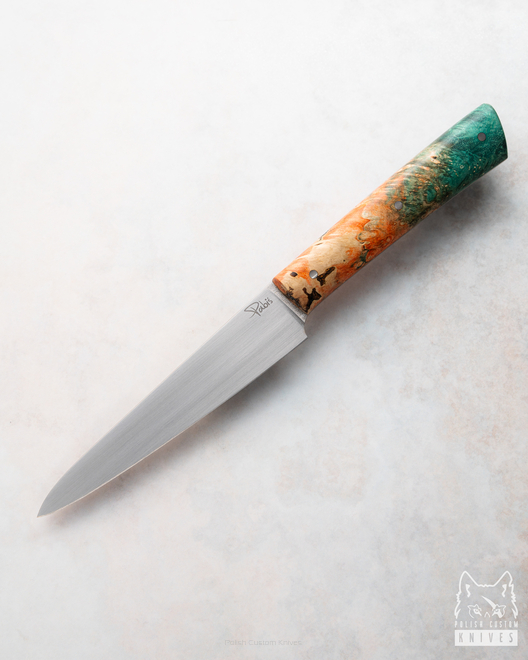 KITCHEN KNIFE HANDY PETTY 120 24 M390 ORANGE AND GREEN MAPLE PABIS KNIVES