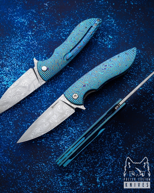 FOLDING KNIFE FOLDER STING #0920 DAMASTEEL BLACK TIMASCUS FULL DRESS HERMAN KNIVES