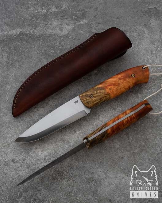 KNIFE BUSHCRAFT STABILIZED WOOD, MOSAIC PINS WITH BROWN LEATHER SHEATH
