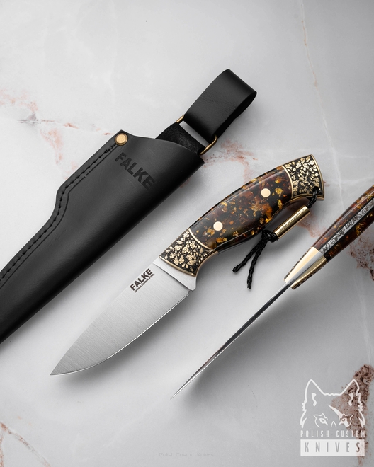 HUNTING KNIFE HUNTER INDIVIDUAL H337 D2 GOLD AND AMBER IN RESIN FALKE KNIVES