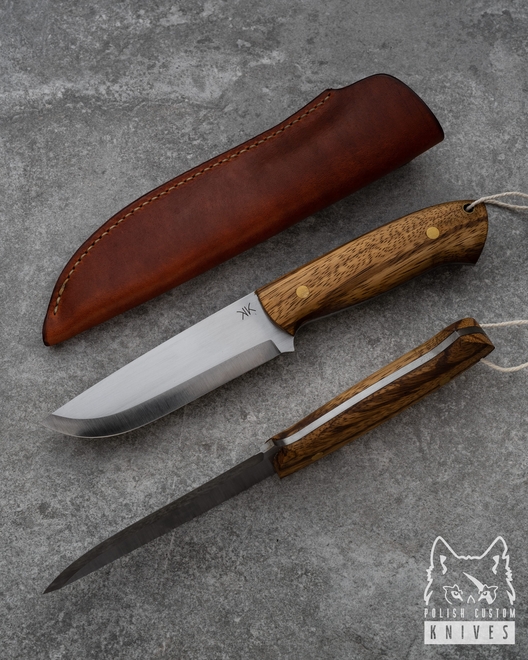 KNIFE VOLVERINE ZEBRANO WITH BRONZE LEATHER SHEATH 