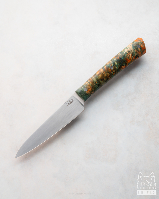 A SMALL PEELING KITCHEN KNIFE 80 21 ELMAX  GREEN AND ORANGE STABILIZED MAPLE PABIŚ KNIVES