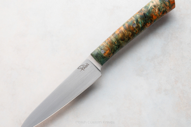 A SMALL PEELING KITCHEN KNIFE 80 21 ELMAX  GREEN AND ORANGE STABILIZED MAPLE PABIŚ KNIVES