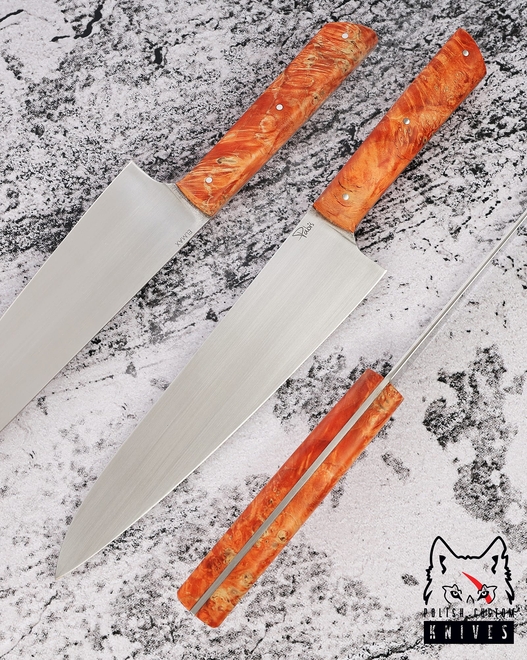 KITCHEN KNIFE CHEF 210 48 ORANGE MAPLE BURL ELMAX PABIŚ KNIVES