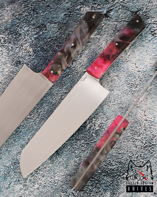 KITCHEN KNIFE SANTOKU 180 47 ELMAX PINK AND BLUE STABILIZED MAPLE BURL  PABIŚ KNIVES