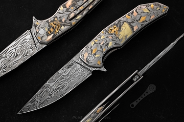 FOLDING KNIFE FOLDER DRAGONFLY 3 "THE HUNTER IS HUNTED" ENGRAVED BY MT. CHIMWAI HERMAN KNIVES