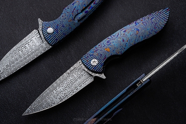 FOLDING KNIFE FOLDER STING #0866 DAMASTEEL BLACK TIMASCUS FULL DRESS HERMAN KNIVES