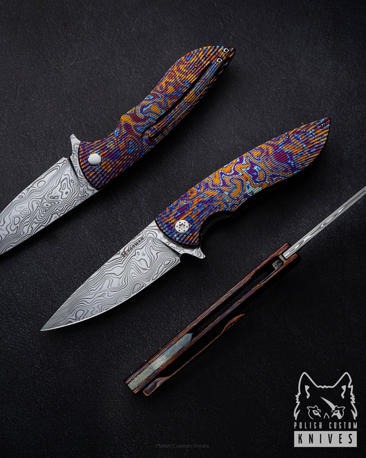FOLDING KNIFE STING #0867 DAMASTEEL TIMASCUS FULL DRESS HERMAN KNIVES