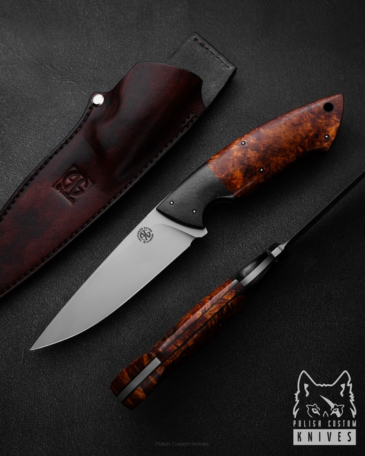 HUNTING TACTICAL KNIFE SAURON 8 CPM S90V CARBON FIBER STABILIZED ALDER BURL G-CUSTOM KNIVES