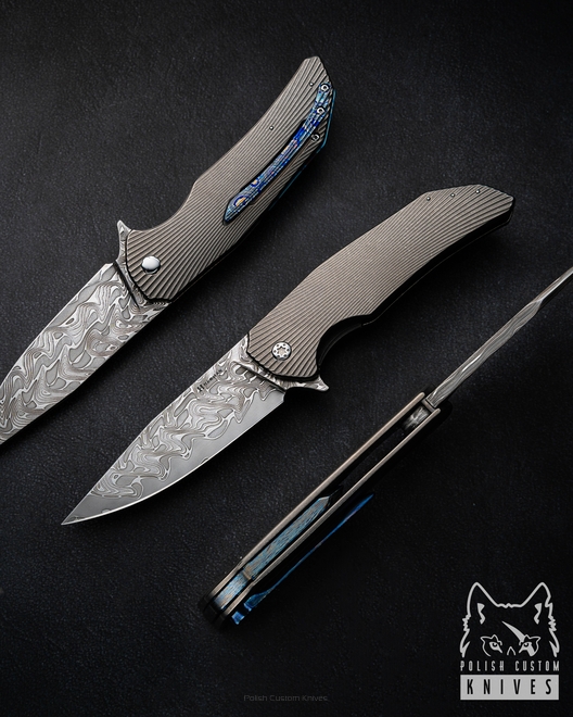 FOLDING KNIFE DRAGONFLY #0508 NICHOLS CORE DAMASCUS HALF DRESS HERMAN KNIVES