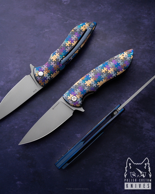 FOLDING KNIFE FOLDER STING #0876 M390 PUZZLE HERMAN KNIVES