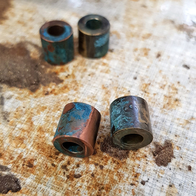 Set of two copper beads Copper+Brass Blue patina 222
