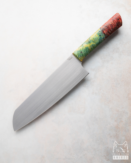 KITCHEN KNIFE SANTOKU 180 42  ELMAX STABILIZED MAPLE GREEN AND RED PABIŚ KNIVES