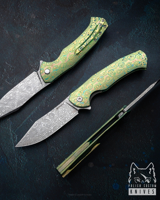 FOLDING KNIFE FOLDER MANTIS #0464 DAMASTEEL BLACK TIMASCUS HERMAN KNIVES