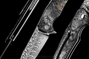 FOLDING KNIFE FOLDER DRAGONFLY 4 of 4 "WOMEN AS FORCES OF NATURE-FIRE" ENGRAVED BY M.KALLA HERMAN KNIVES