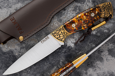 HUNTING KNIFE HUNTER LONG INDIVIDUAL HL 011 M390 GOLD AND AMBER IN RESIN FALKE KNIVES