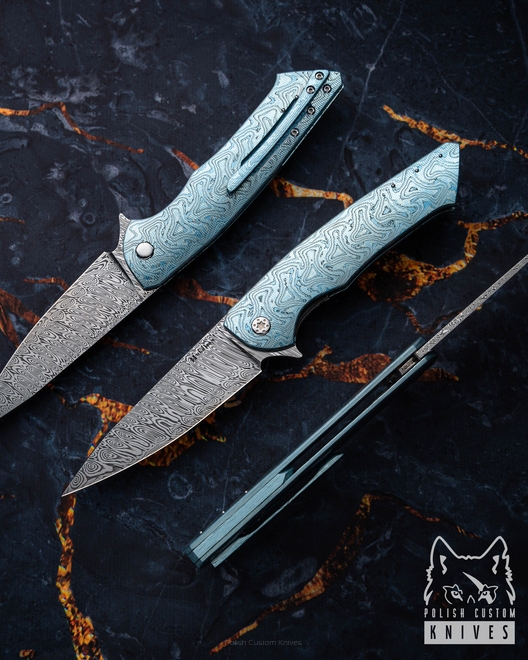 FOLDING KNIFE FOLDER SLIM #0619 DAMASTEEL BLACK TIMASCUS FULL DRESS HERMAN KNIVES