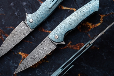 FOLDING KNIFE FOLDER SLIM #0619 DAMASTEEL BLACK TIMASCUS FULL DRESS HERMAN KNIVES