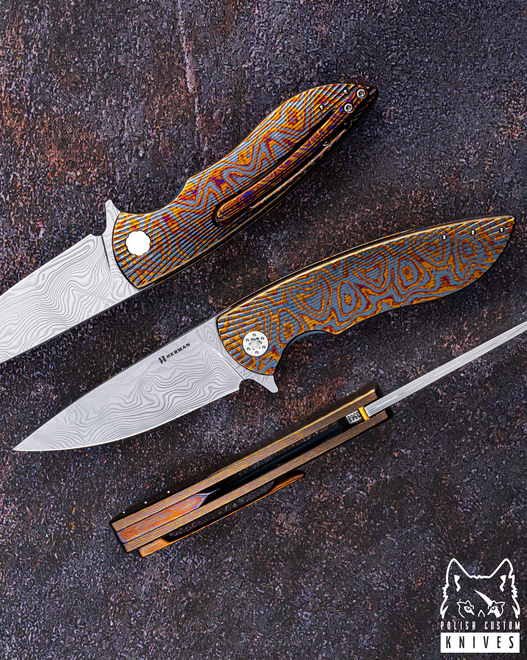 FOLDING KNIFE FOLDER MICRO STING #0368 DAMASTEEL BLACK TIMASCUS FULL DRESS HERMAN KNIVES