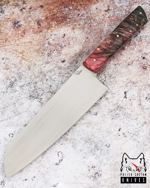 KITCHEN KNIFE SANTOKU 180 55 ELMAX RED AND BLACK MAPLE BURL PABIŚ KNIVES