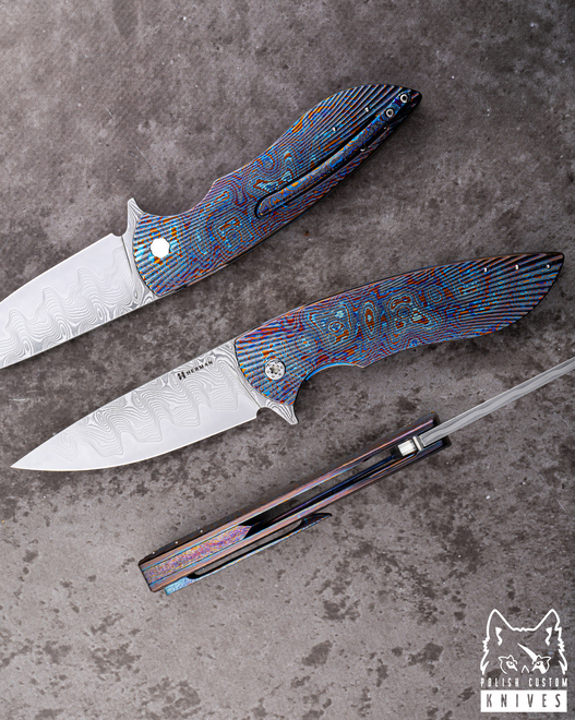 FOLDING KNIFE FOLDER BIG STING #0059 FUTURON FORGE BLACK TIMASCUS FULL DRESS HERMAN KNIVES