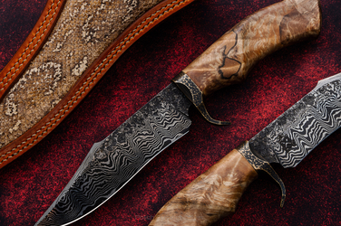 LARGE EXCLUSIVE TACTICAL SURVIVAL KNIFE BOWIE FENIX 1 FORGED DAMASCUS STABILIZED BIRCH BURL SILESIA CUSTOMS