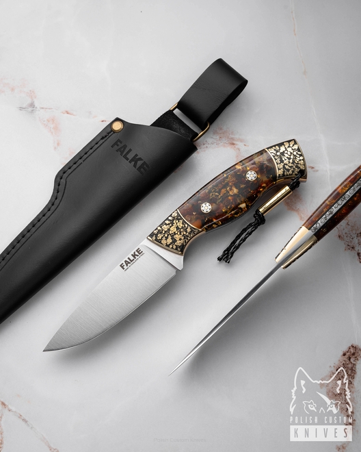 HUNTING KNIFE HUNTER INDIVIDUAL H321 N690 GOLD AND AMBER IN RESIN FALKE KNIVES