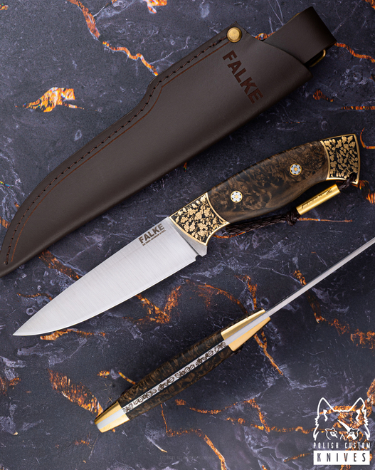 HUNTING KNIFE HUNTER LONG HL 006 D2 MAPLE BURL FALKE KNIVES
