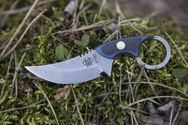 KNIFE SULTAN MICARTA BLACK-BLUE BRASS+LEATHER BROWN PRUCIAK