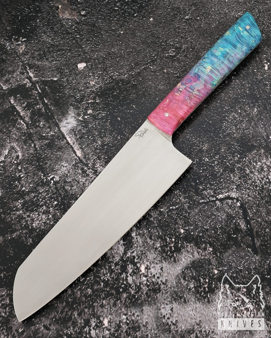 KITCHEN KNIFE SANTOKU 180 51 ELMAX PINK AND BLUE MAPLE BURL  PABIŚ KNIVES