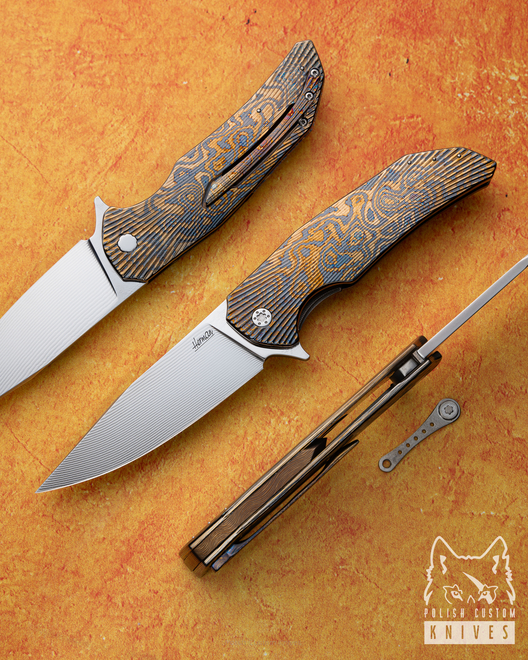 FOLDING KNIFE FOLDER DRAGONFLY 5 BLACK TIMASCUS ALLEIMA DAMAX STAINLESS DAMASCUS HERMAN KNIVES