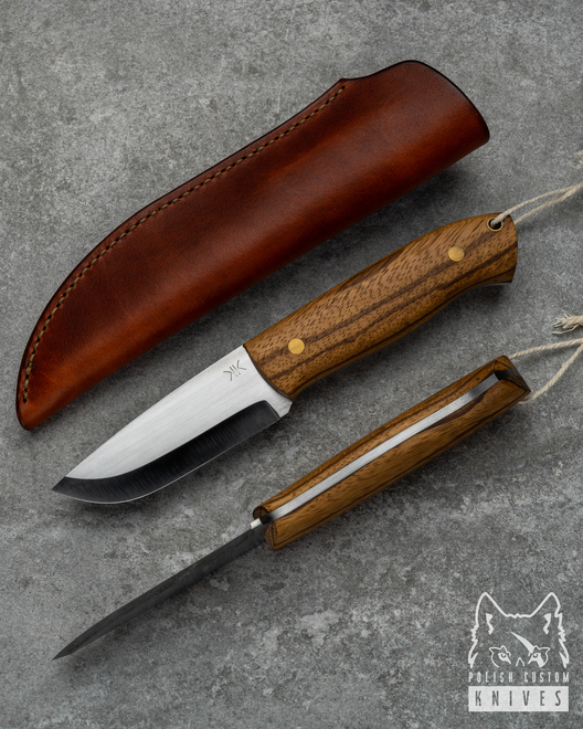 KNIFE SMALL BUSHCRAFT ZEBRANO WITH BROWN LEATHER SHEATH KK