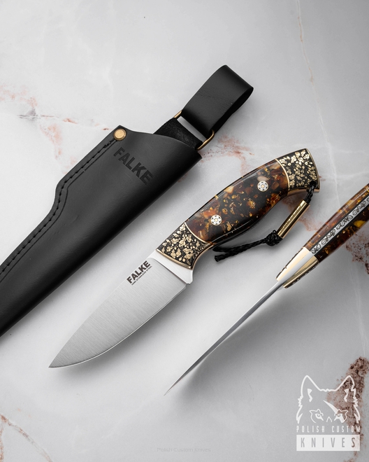 HUNTING KNIFE HUNTER INDIVIDUAL H323 N690 GOLD AND AMBER IN RESIN FALKE KNIVES