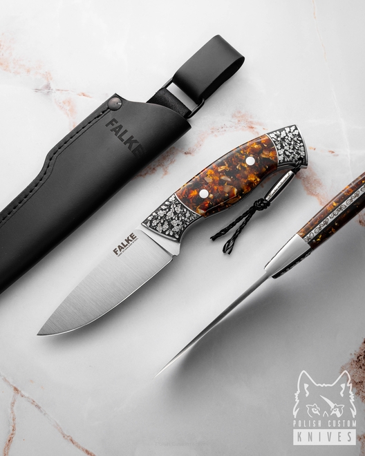 HUNTING KNIFE HUNTER INDIVIDUAL H319 N690 GOLD AND AMBER IN RESIN FALKE KNIVES