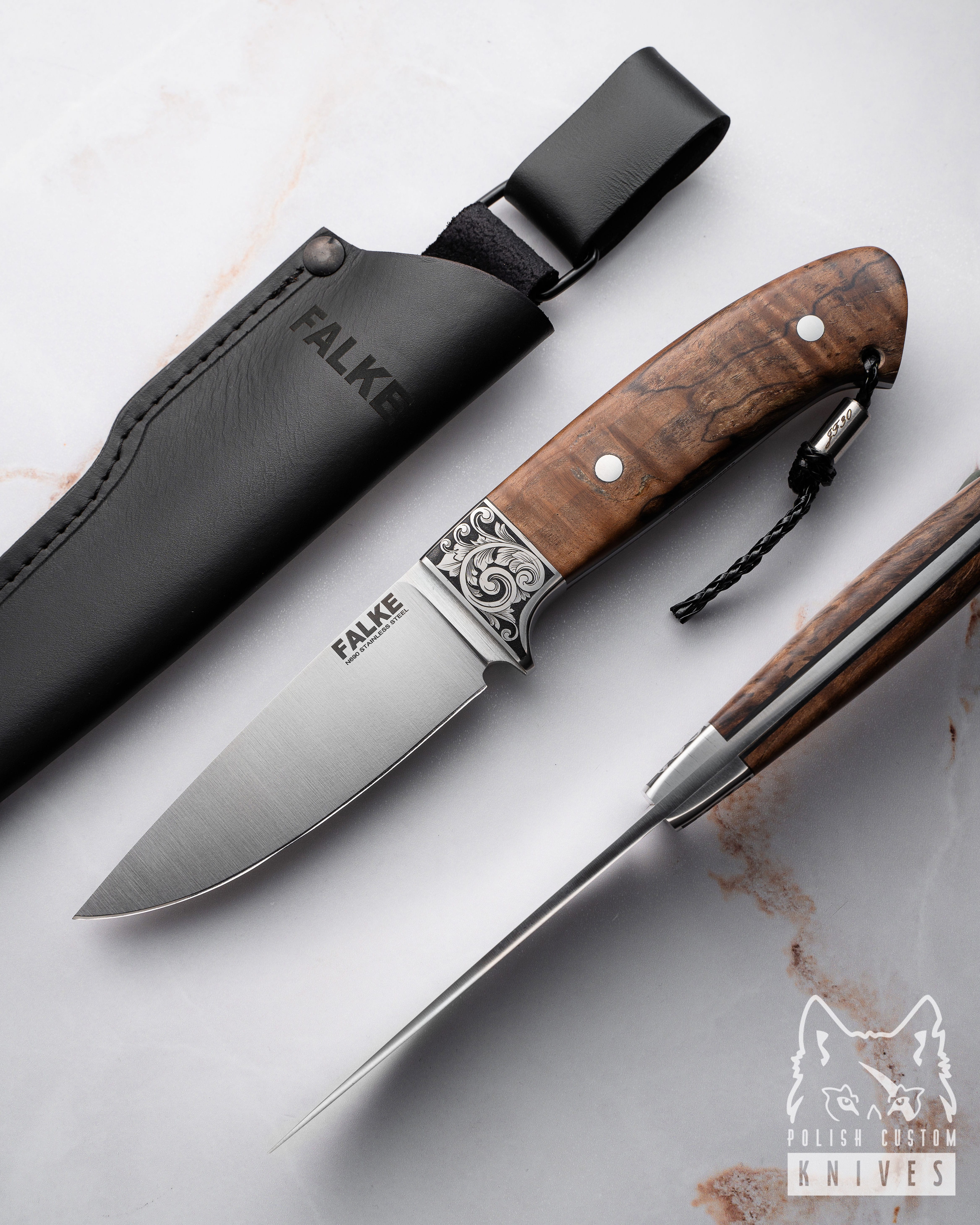 ハンティングナイフ　Cherokee Hunting Knife Buy HUNTING KNIFE JF30 007 N690 STABILIZED SPALTED ALDER FALKE