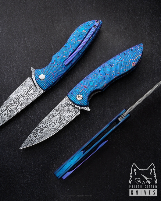 FOLDING KNIFE FOLDER STING #0865 DAMASTEEL BLACK TIMASCUS FULL DRESS HERMAN KNIVES
