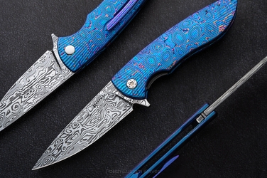 FOLDING KNIFE FOLDER STING #0865 DAMASTEEL BLACK TIMASCUS FULL DRESS HERMAN KNIVES
