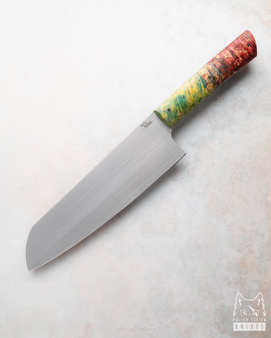 KITCHEN KNIFE SANTOKU 180 43 M390 GREEN AND RED STABILIZED MAPLE PABIŚ KNIVES
