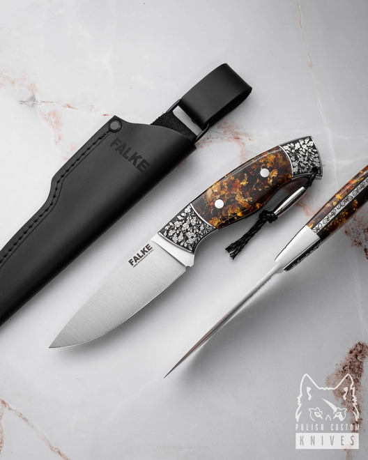 HUNTING KNIFE HUNTER INDIVIDUAL H320 N690 GOLD AND AMBER IN RESIN FALKE KNIVES