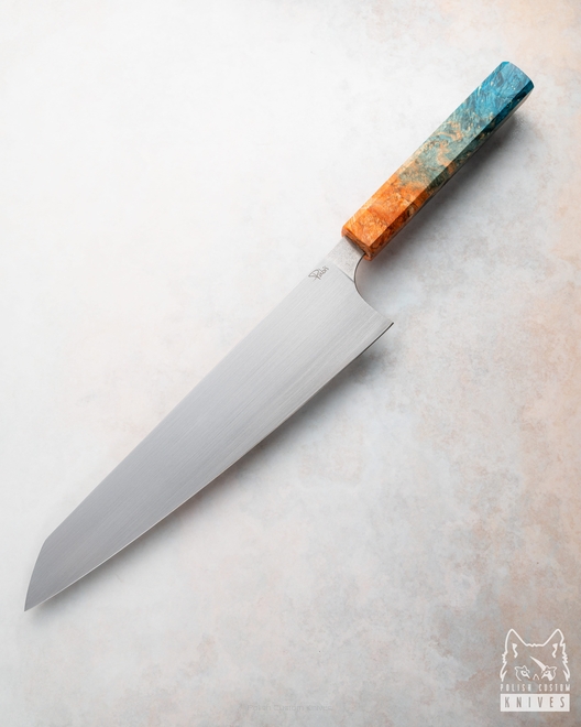 KITCHEN KNIFE GYUTO 240 10 ELMAX ORANGE AND BLUE MAPLE PABIŚ KNIVES