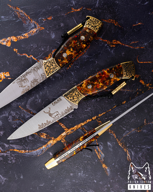 HUNTING KNIFE HUNTER LONG INDIVIDUAL HL 007 M390 GOLD AND AMBER IN RESIN FALKE KNIVES