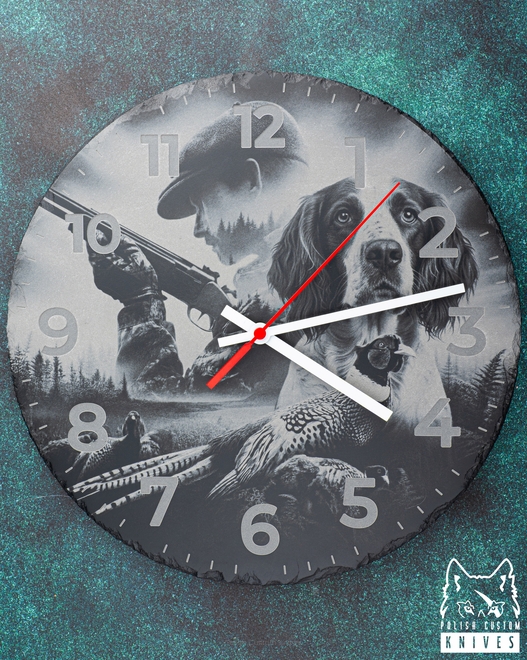 STANDING CLOCK 5 ENGRAVING THE HUNTER’S CLOCK – RUSTIC STANDING SLATE CLOCK LZ LASER DESIGNS