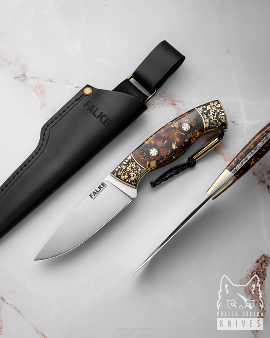 HUNTING KNIFE HUNTER INDIVIDUAL H324 N690 GOLD AND AMBER IN RESIN FALKE KNIVES