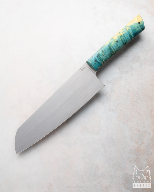 KITCHEN KNIFE SANTOKU 180 45  BLUE AND YELLOW STABILIZED MAPLE PABIŚ KNIVES