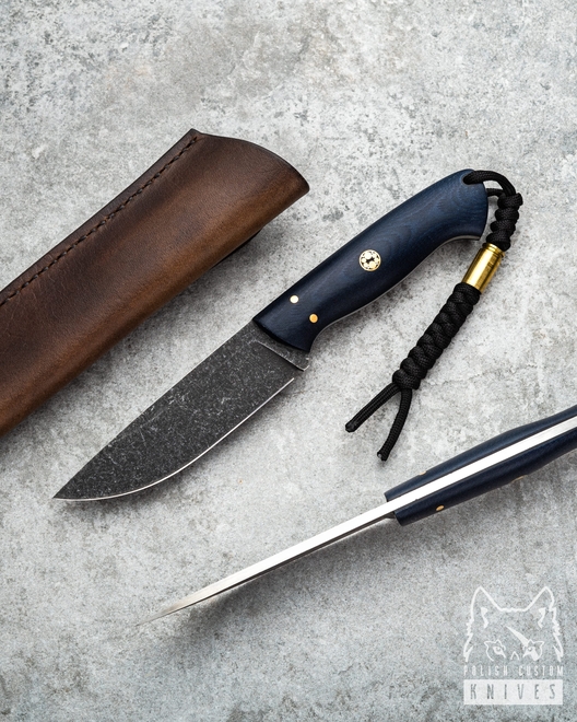 SURVIVAL KNIFE WIDOW MINI BLUE MICARTA, MOSAIC PINS, BROWN LEATHER ML TD